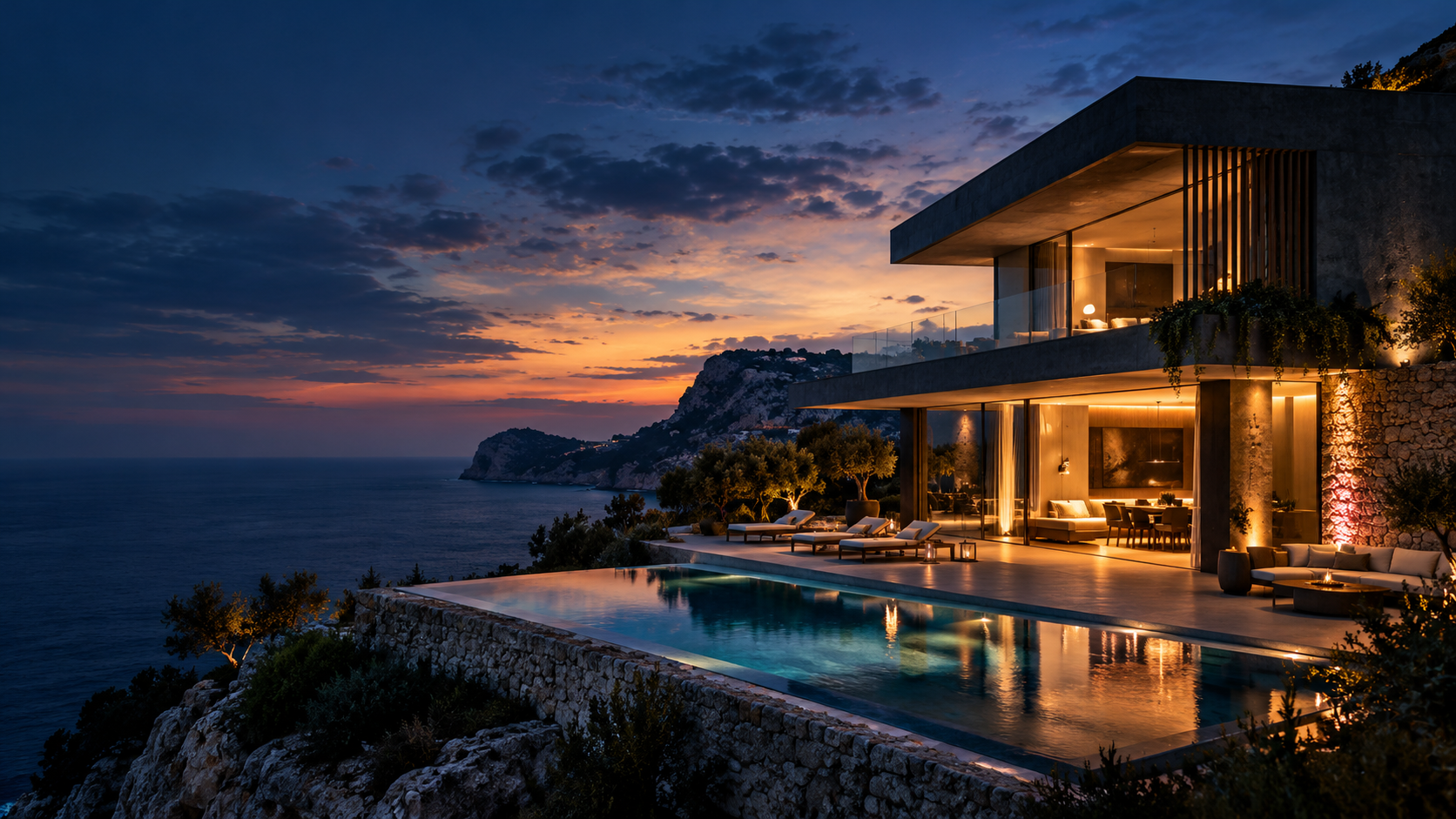 Modern cliffside villa with an infinity pool overlooking the sea at dusk